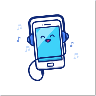 Cute Mobile Phone Listening Music With Headphone Posters and Art